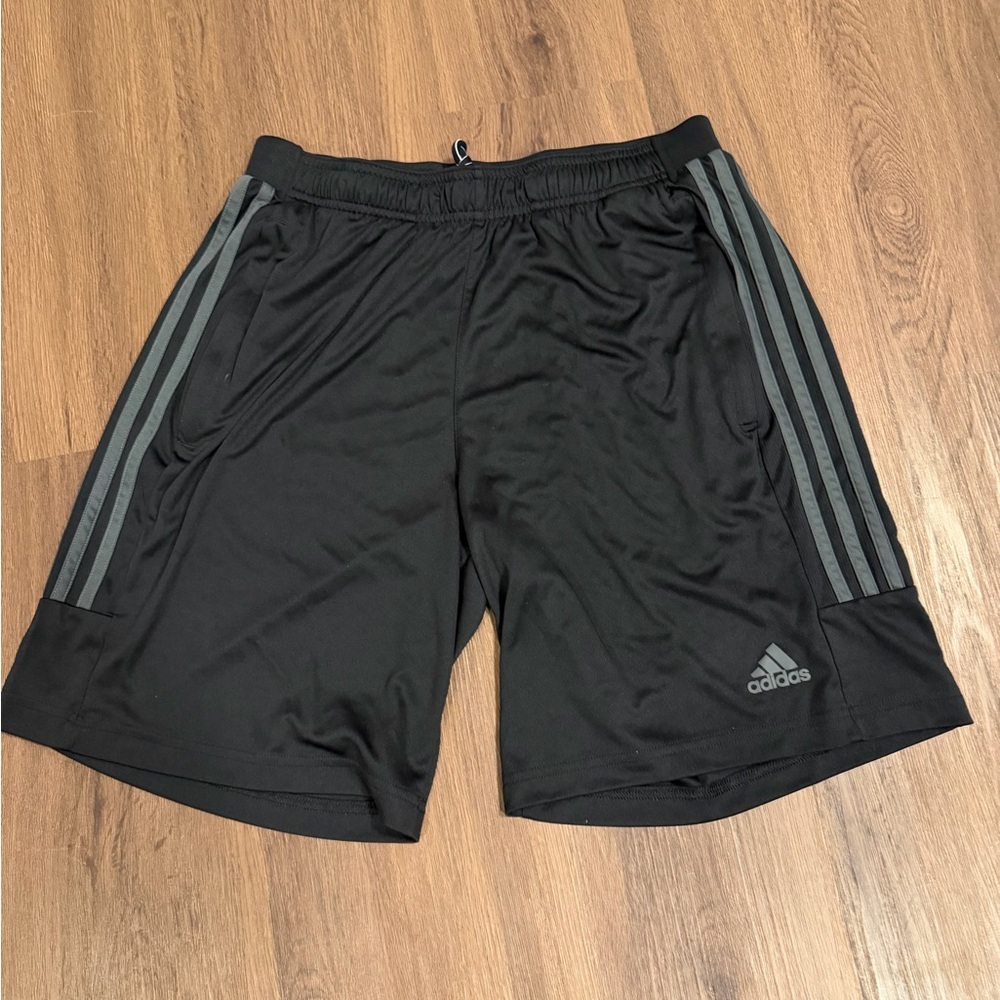 Adidas Men's Black Athletic Shorts with Gray Stripes